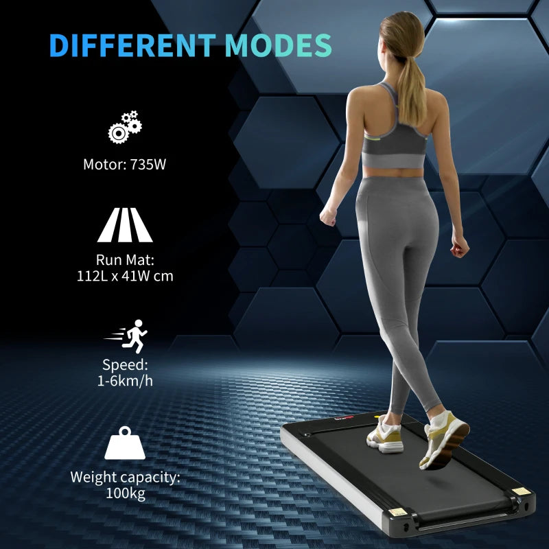 Compact Electric Walking Treadmill - Black 735W Motorised, 1-6km/h Speed, LED Display & Remote