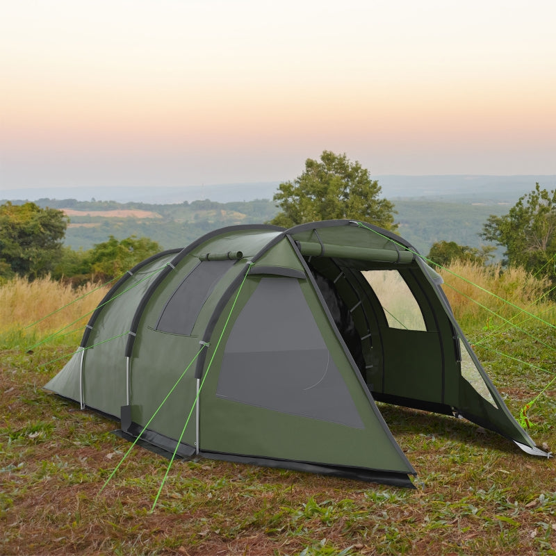 Green 3-4 Person Two-Room Tunnel Camping Tent with Windows and Carry Bag