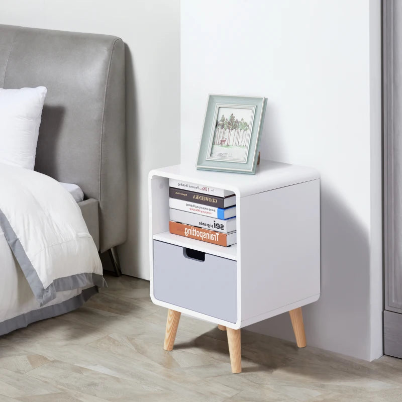 Wooden Nightstand with Drawer - White Scandinavian Style