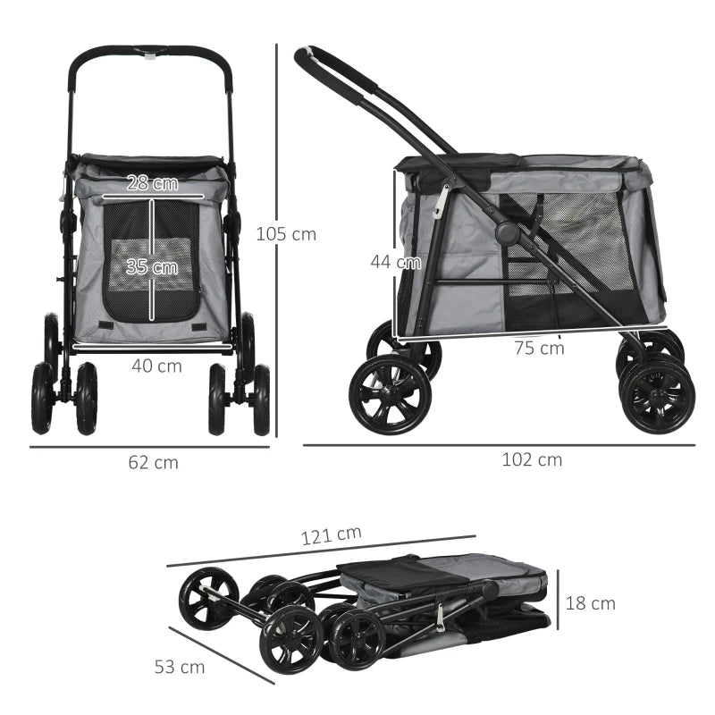 Grey Pet Stroller with 4 Wheels for Small and Medium Dogs