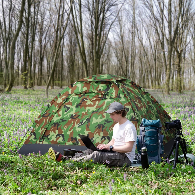 Camouflage 2-Person Camping Tent with Zipped Doors and Storage Pocket, Multicoloured