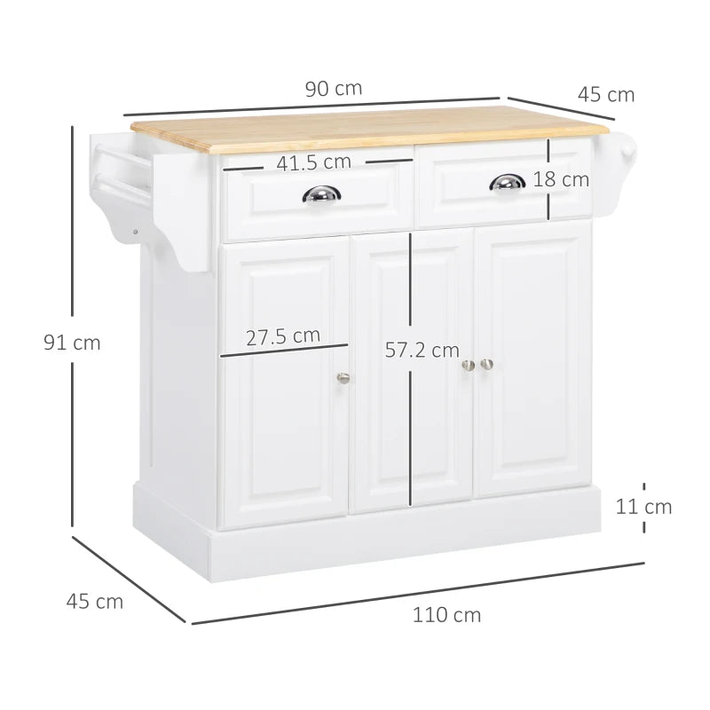 White Rolling Kitchen Island Cart with Storage and Towel Rack