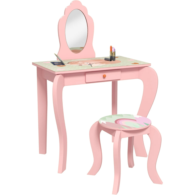 Kids Pink Dressing Table Set with Mirror, Stool, Drawer - Cute Animal Design