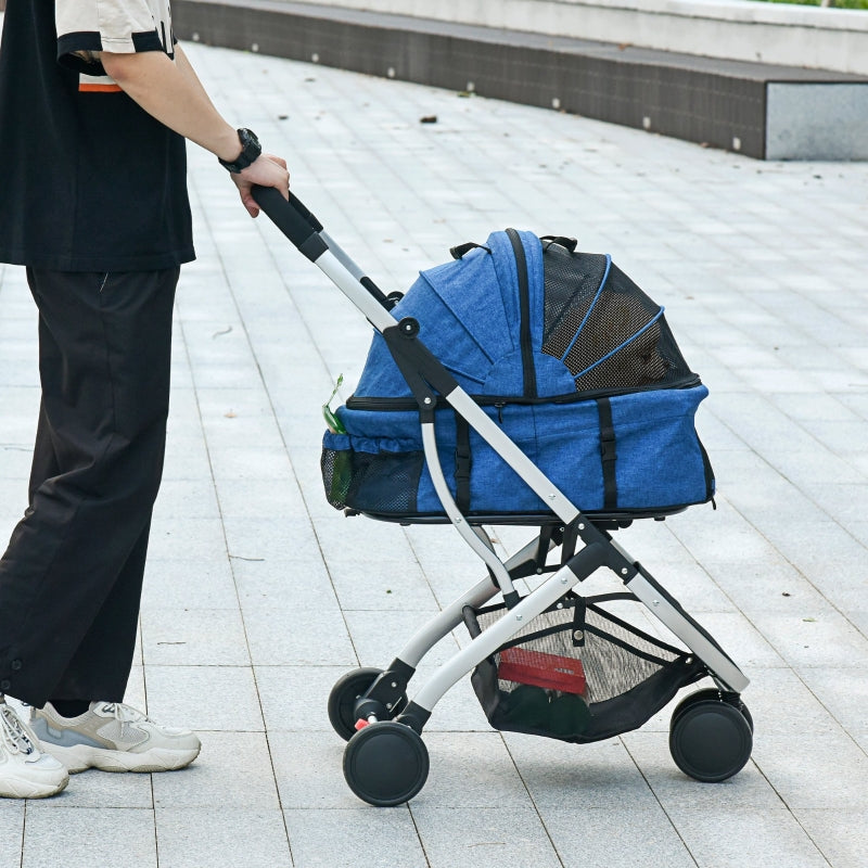 Foldable Dark Blue Pet Stroller with Canopy & Storage