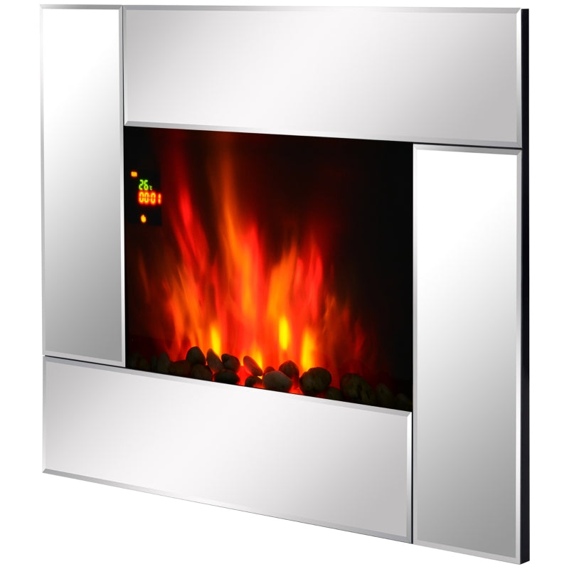 Silver Wall Mount Electric Fireplace Heater with Flame Effect & Tempered Glass