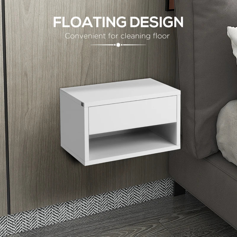 White Wall Mounted Bedside Table with Drawer and Shelf, 37 x 32 x 21cm