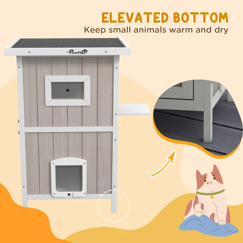 Wooden 2-Tier Cat Shelter with Escape Doors & Asphalt Roof - Light Grey