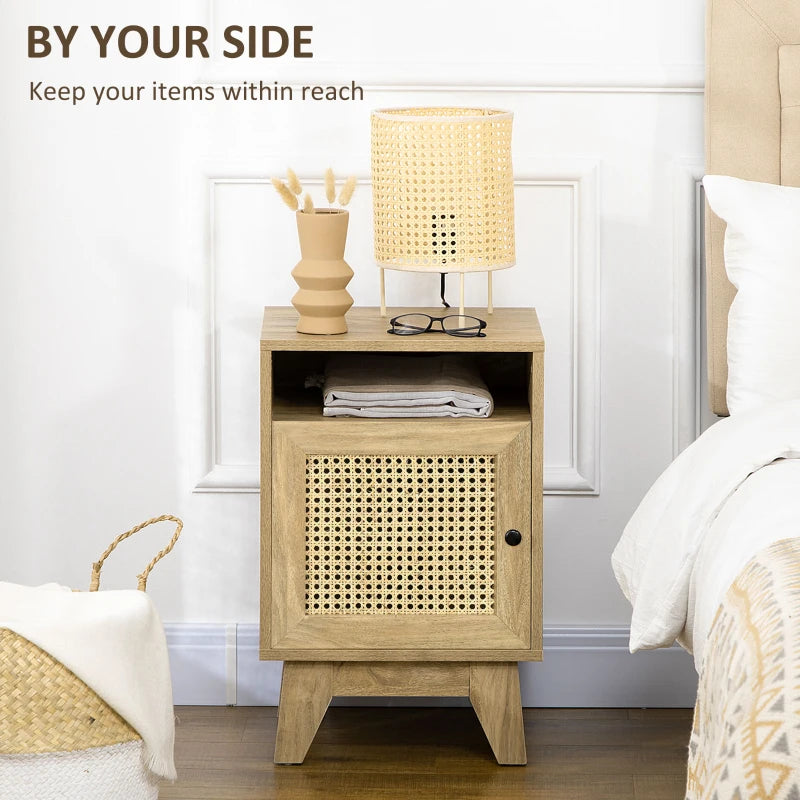 Natural Rattan Bedside Table with Shelf and Cupboard, 39x35x60cm