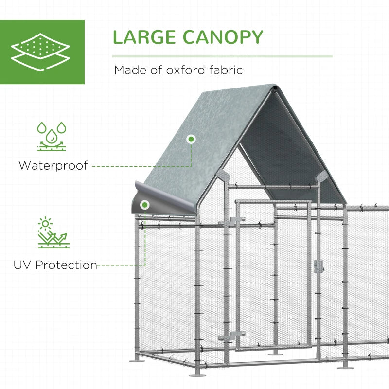 Galvanized Metal Chicken Run with Water-Resistant Cover, Large Outdoor Enclosure for 4-6 Chickens - 200 x 105 x 172cm