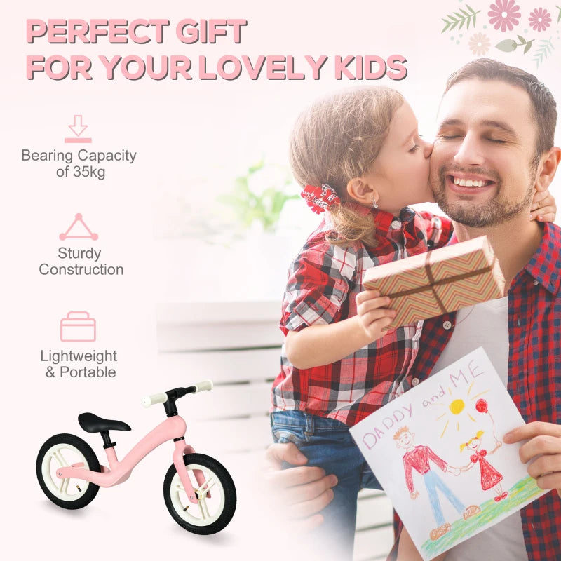 12" Pink Balance Bike for Kids - Lightweight No-Pedal Training Bike with Adjustable Seat