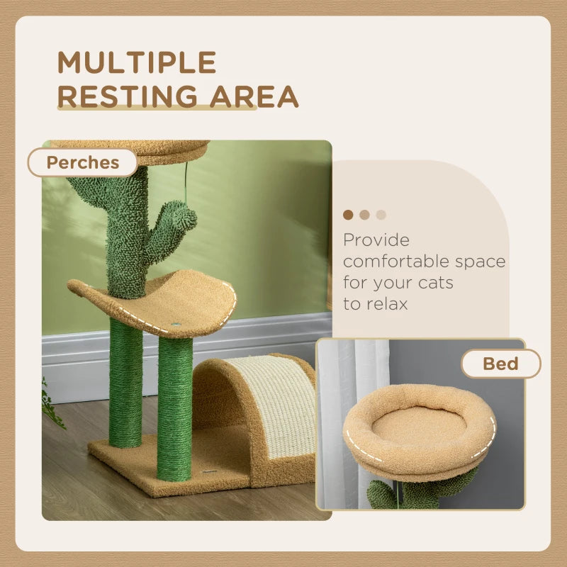 72cm Cat Tree with Top Bed, Curved Pad, Sisal Scratching Post - Beige & Green