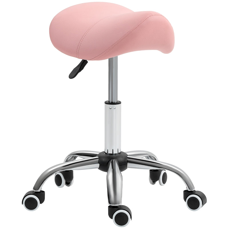 Height Adjustable Pink Salon Saddle Stool, Faux Leather