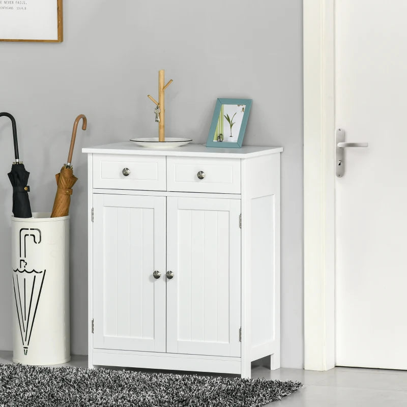 White Bathroom Storage Cabinet with Drawers and Adjustable Shelf