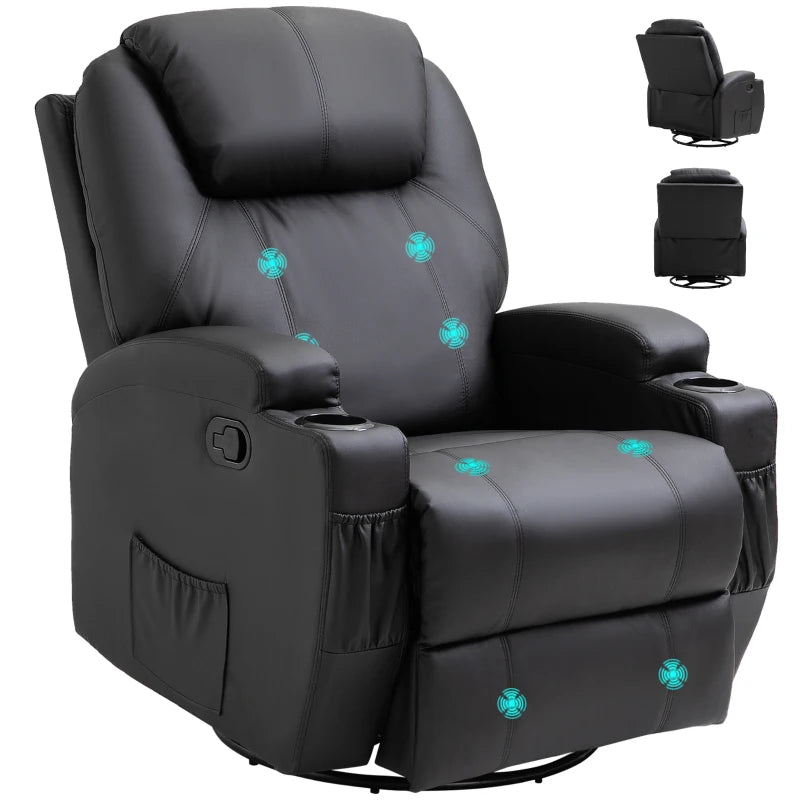 Black Swivel Recliner Armchair with Massage and Drink Holders