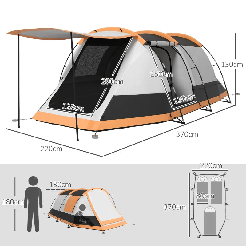 Orange 3-Person Camping Tent with 2 Rooms and Porch