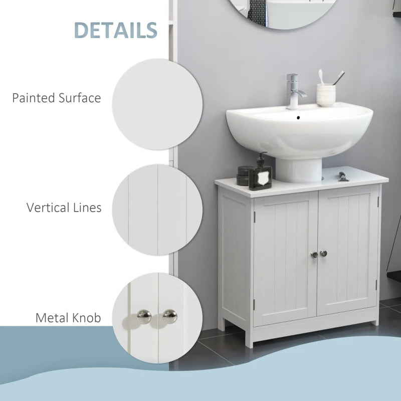 White Under Sink Bathroom Storage Cabinet - 2 Tier Wooden Vanity Unit