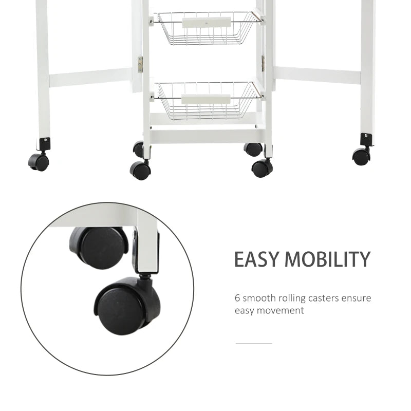 White Oak Drop-Leaf Kitchen Cart Trolley with Baskets and Drawer