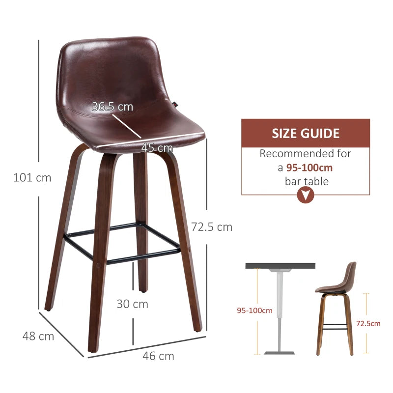 Brown PU Leather Bar Stools Set of 2 with Backs and Wood Legs