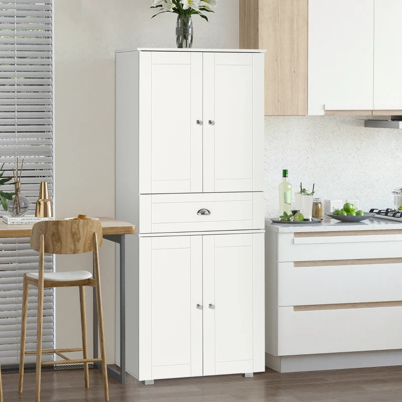 White Tall Kitchen Storage Cabinet with Drawer & Adjustable Shelves