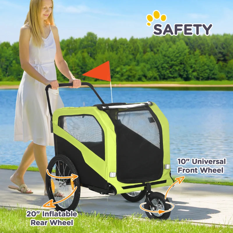 Green Dog Bike Trailer for Large Dogs, 2-in-1 Pet Stroller with Hitch