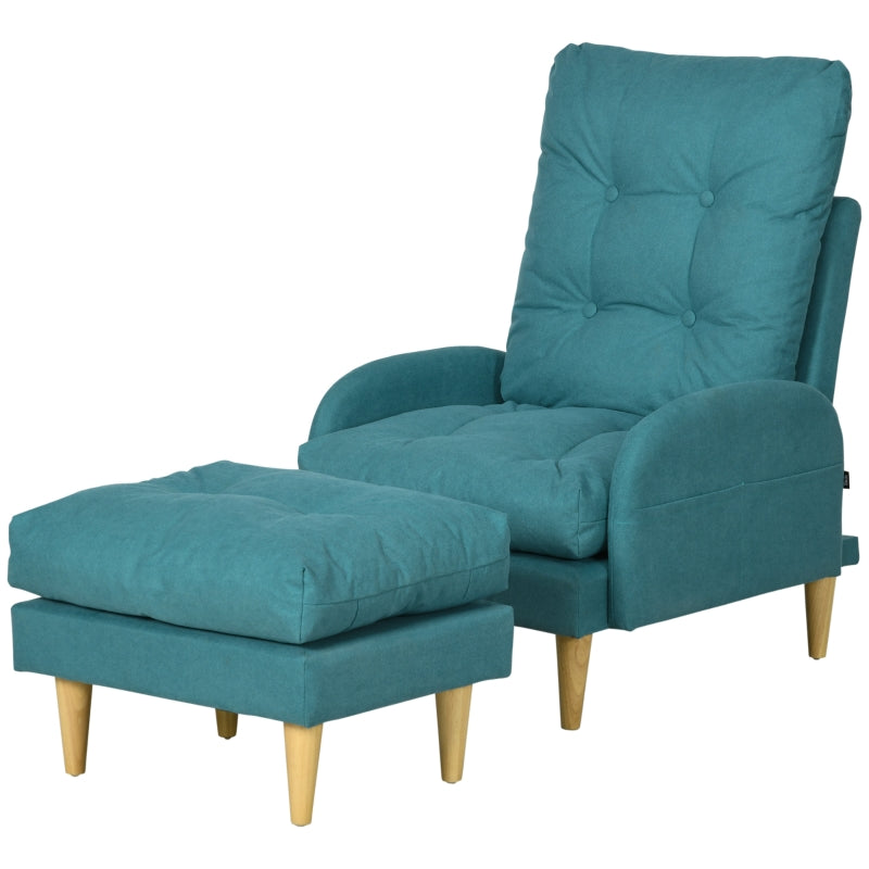 Blue Upholstered Recliner Armchair Set with Footstool - Modern Button Tufted Accent Chair