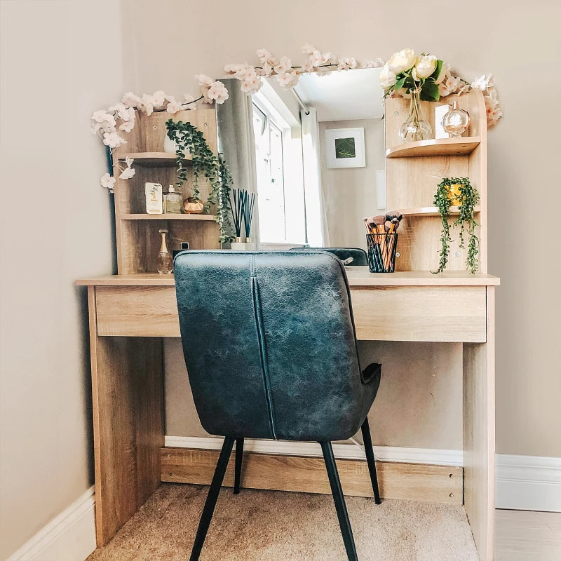 Natural Wood Dressing Table with Mirror and Storage