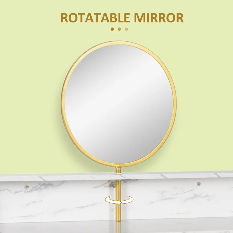 White Modern Vanity Dressing Table with Round Mirror and Faux Marble Texture