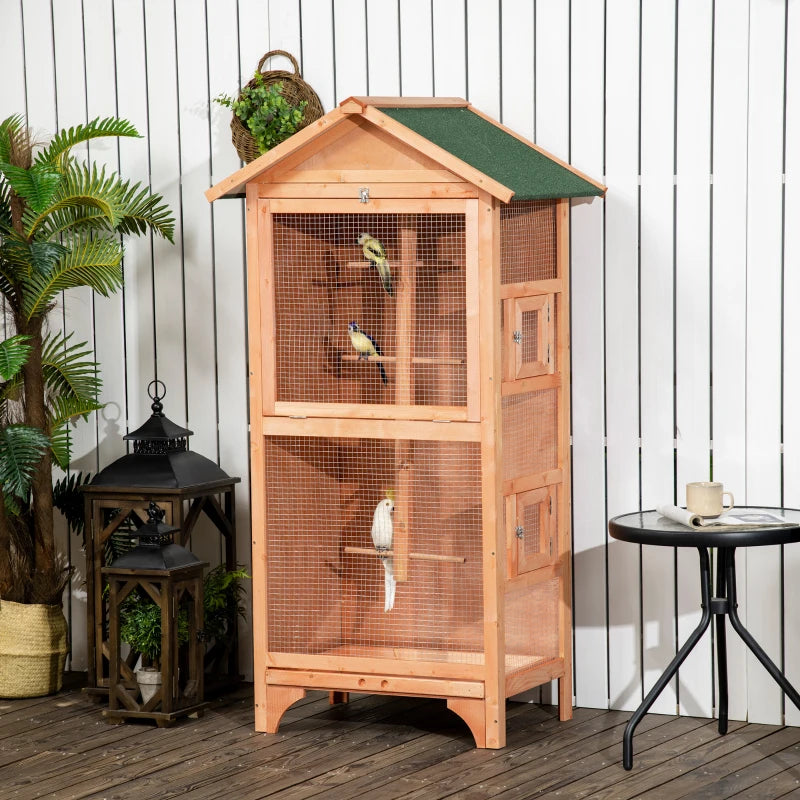 Wooden Outdoor Bird Cage for Finches and Canaries, White with Asphalt Roof