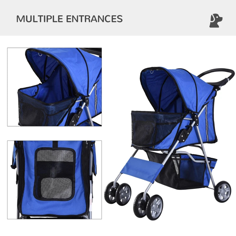 Blue Pet Stroller for Small Pets - Foldable Travel Carriage