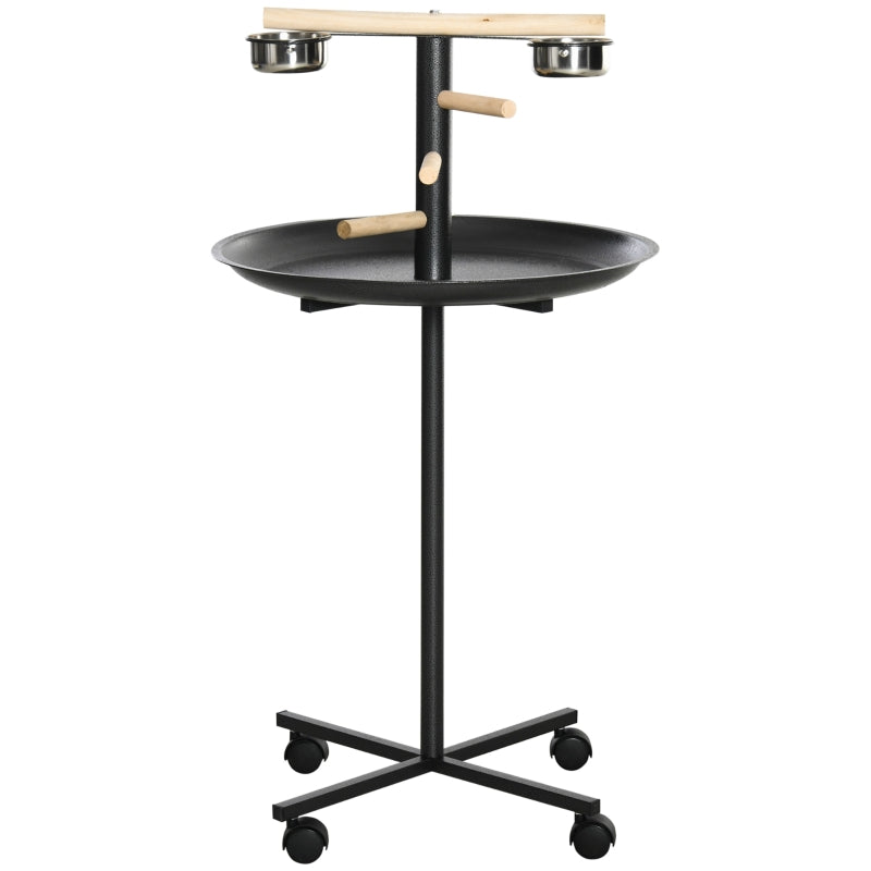 Metal Bird Play Stand with Feeding Station and Wheels, Black