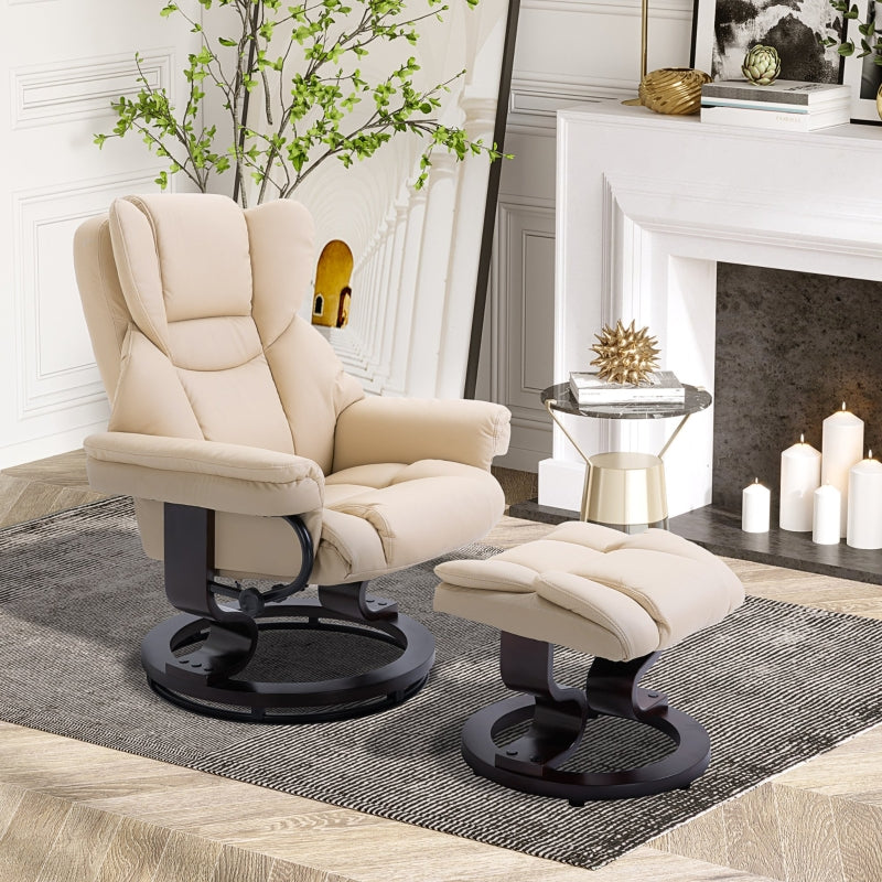 Cream Faux Leather Swivel Recliner Chair with Adjustable Backrest & Footstool