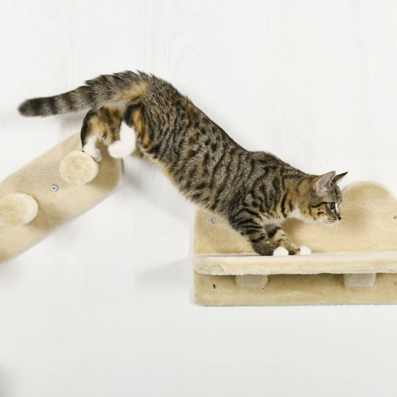 Beige Cat Wall Shelves Set with Scratching Post, Hammock, Nest - 4PCs