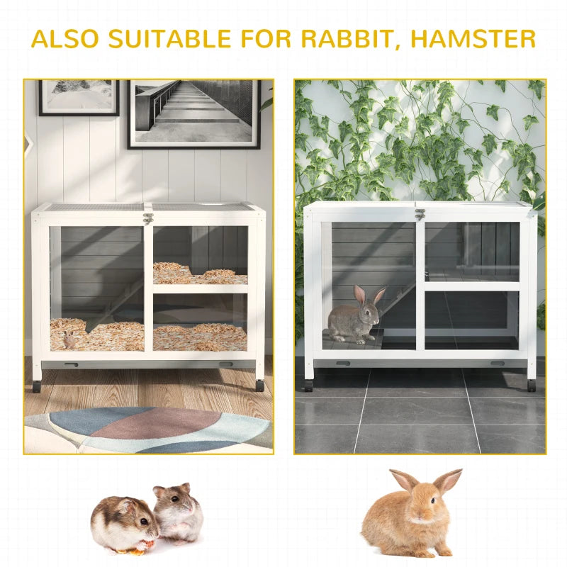 Brown Indoor Wooden Rabbit Hutch with Wheels, 2 Layers & Openable Roof, 91.5 x 53.3 x 73 cm