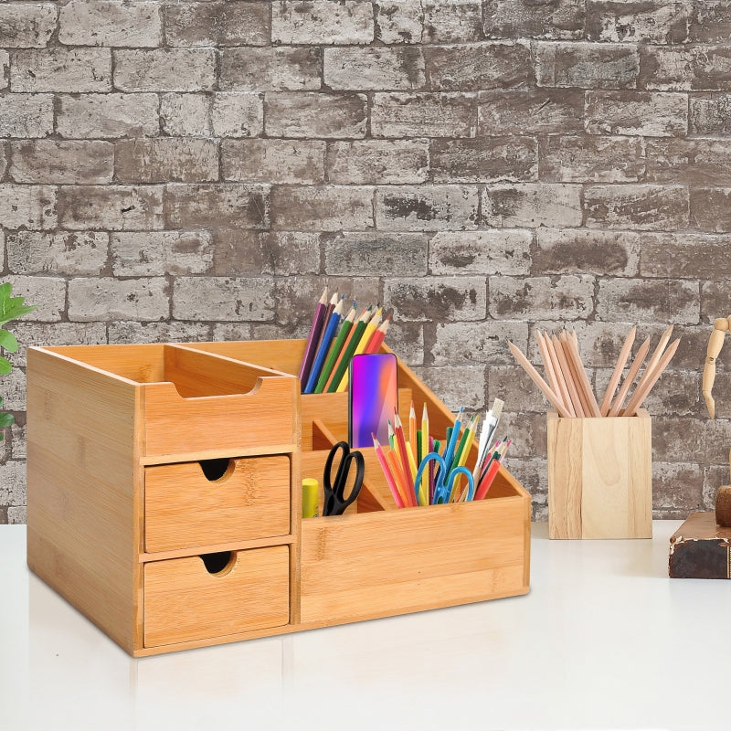 Natural Wood Desk Organizer with 7 Compartments and 2 Drawers