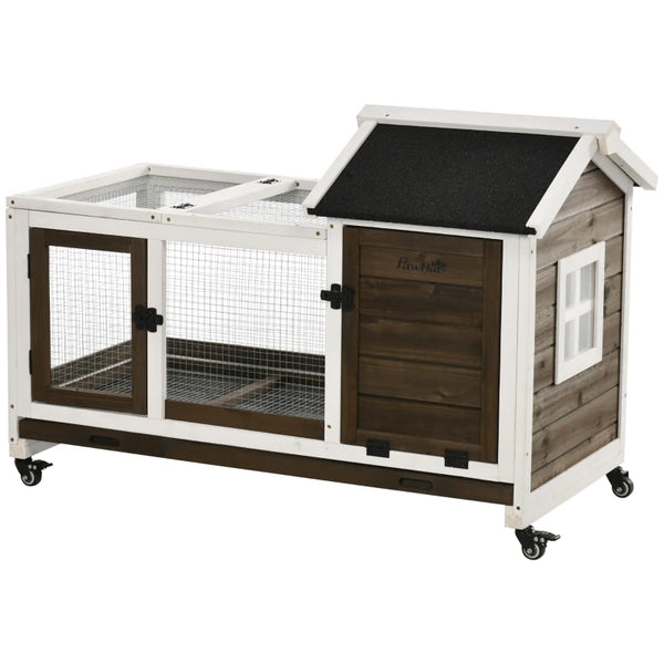 Brown Wooden Rabbit Hutch with Removable Tray and Wheels