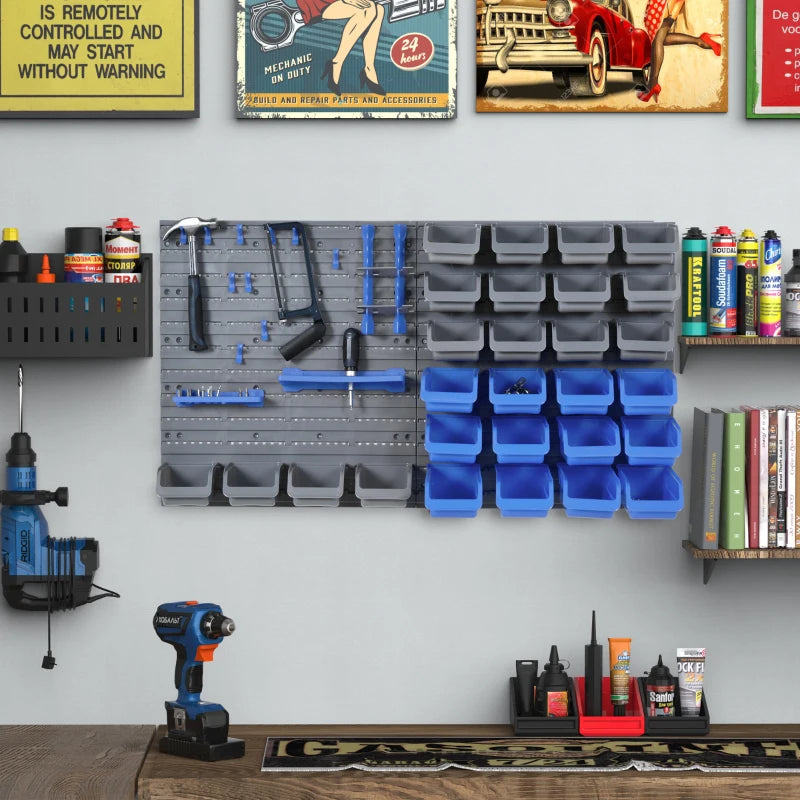 Blue Wall Mounted Tool Rack Organizer with 44 Storage Bins and Shelf