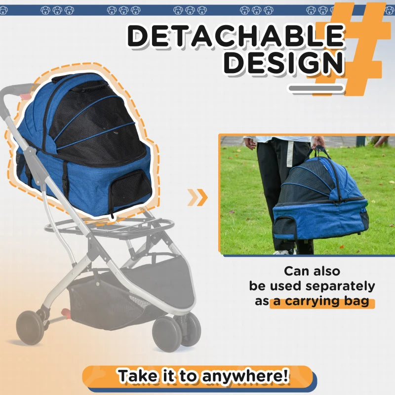 Foldable Dark Blue Pet Stroller with Canopy & Storage