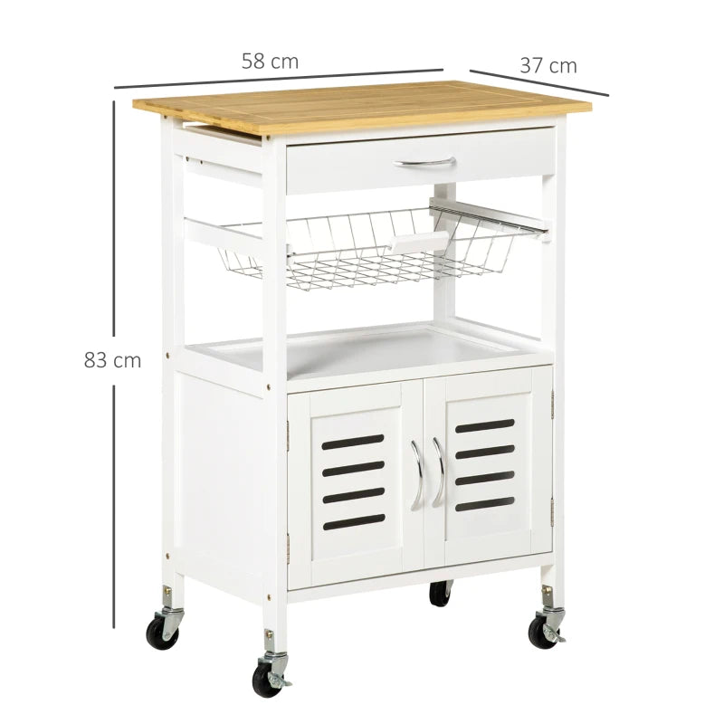 White Rolling Kitchen Island Trolley with Bamboo Top and Storage