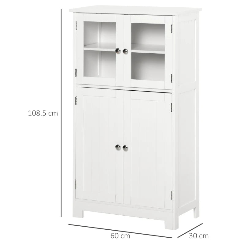 White Bathroom Storage Cabinet with Glass Doors & Adjustable Shelf