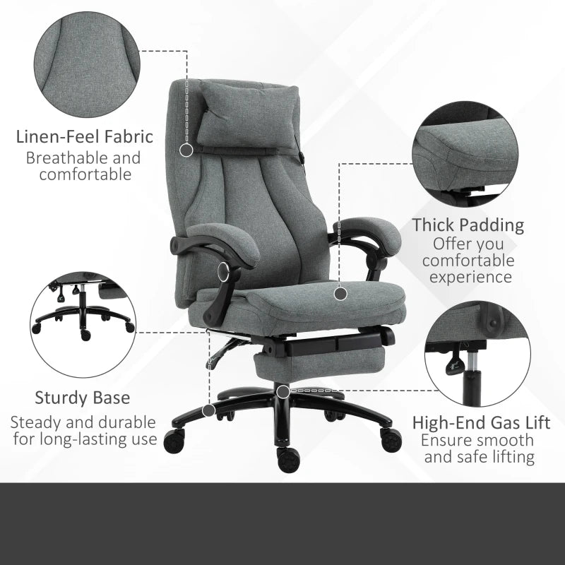 Grey Fabric Office Chair with Massage Pillow, USB Power, Footrest - High Back, 360° Swivel