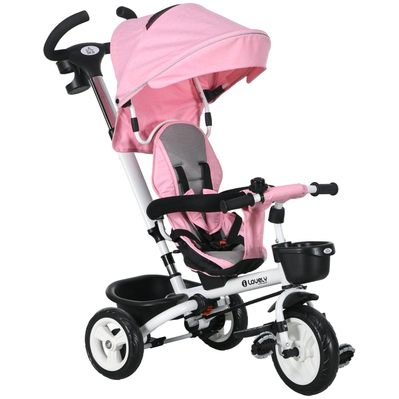 6-in-1 Pink Baby Push Tricycle with Parent Handle - Ages 1-5