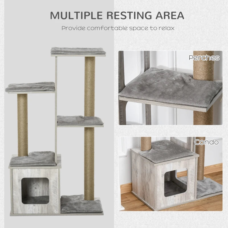 Grey Cat Tree Tower with Scratching Posts and Perches