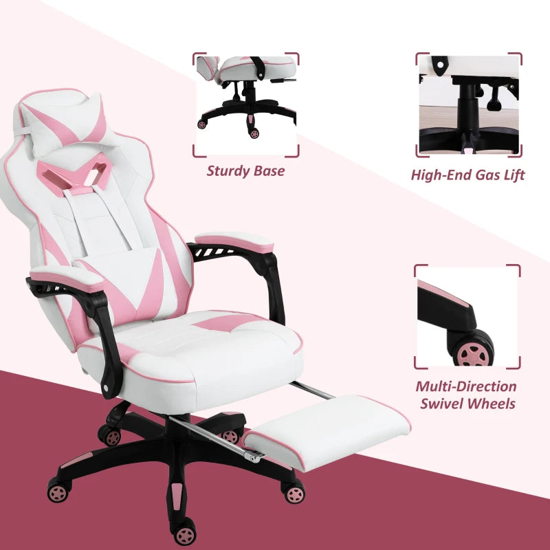 Pink Gaming Chair with Lumbar Support, Footrest, and Headrest