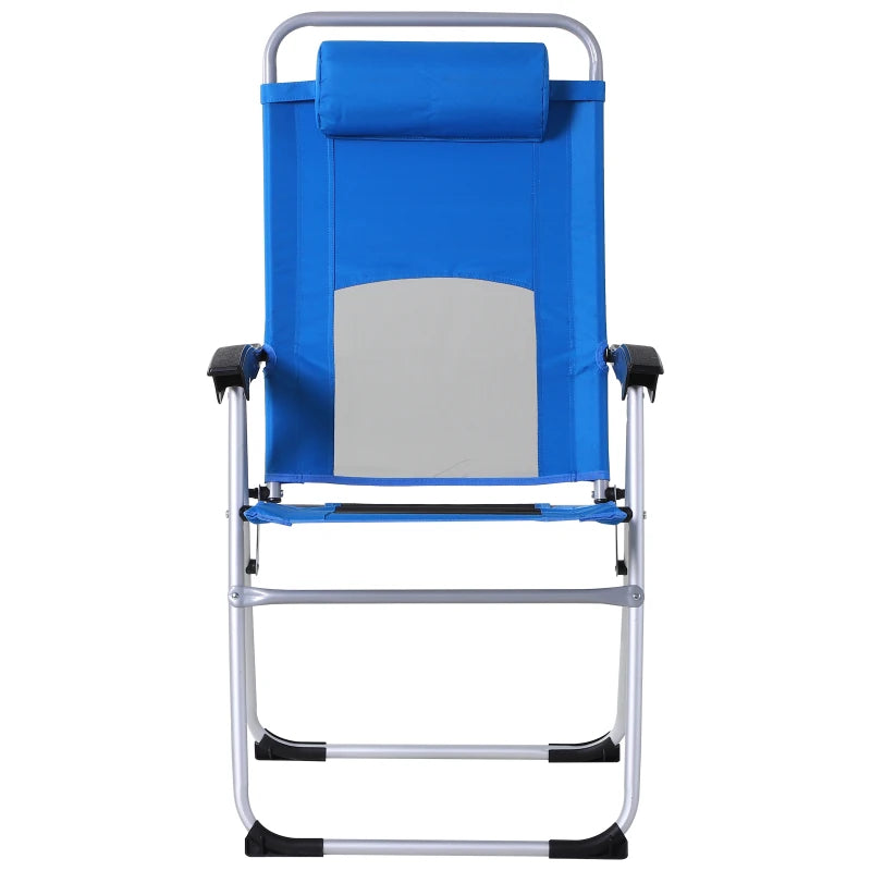 Blue Folding Camping Chair with Adjustable Recliner and Pillow