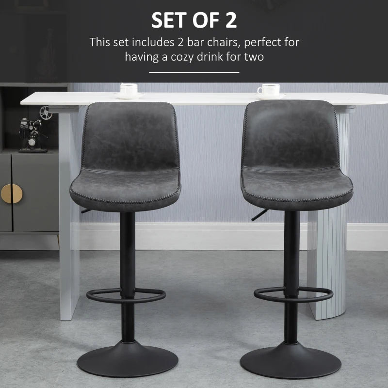 Grey Leather Bar Stool Set - Adjustable Height Swivel with Footrest for Kitchen & Home
