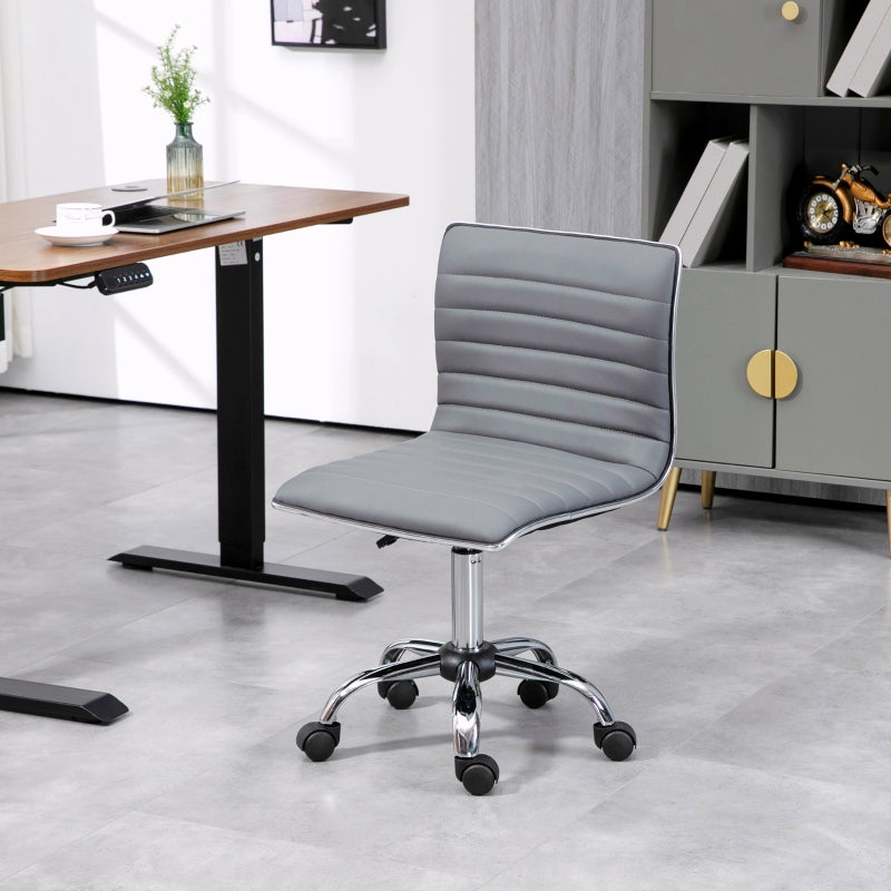 Light Grey Swivel Office Chair - Armless Mid-Back PU Leather, Chrome Base