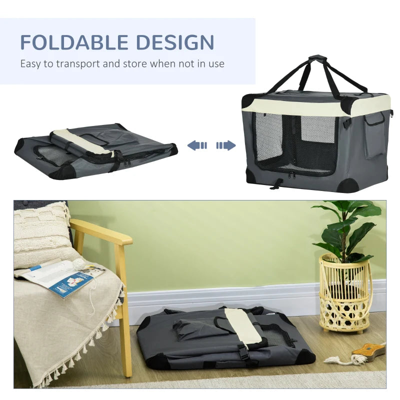 Foldable Grey Pet Carrier with Cushion - 70cm for Small Dogs and Cats