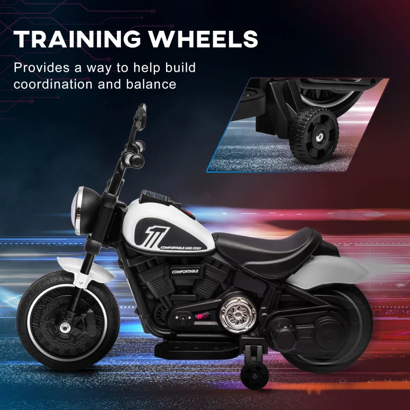 White 6V Electric Motorbike with Training Wheels, One-Button Start