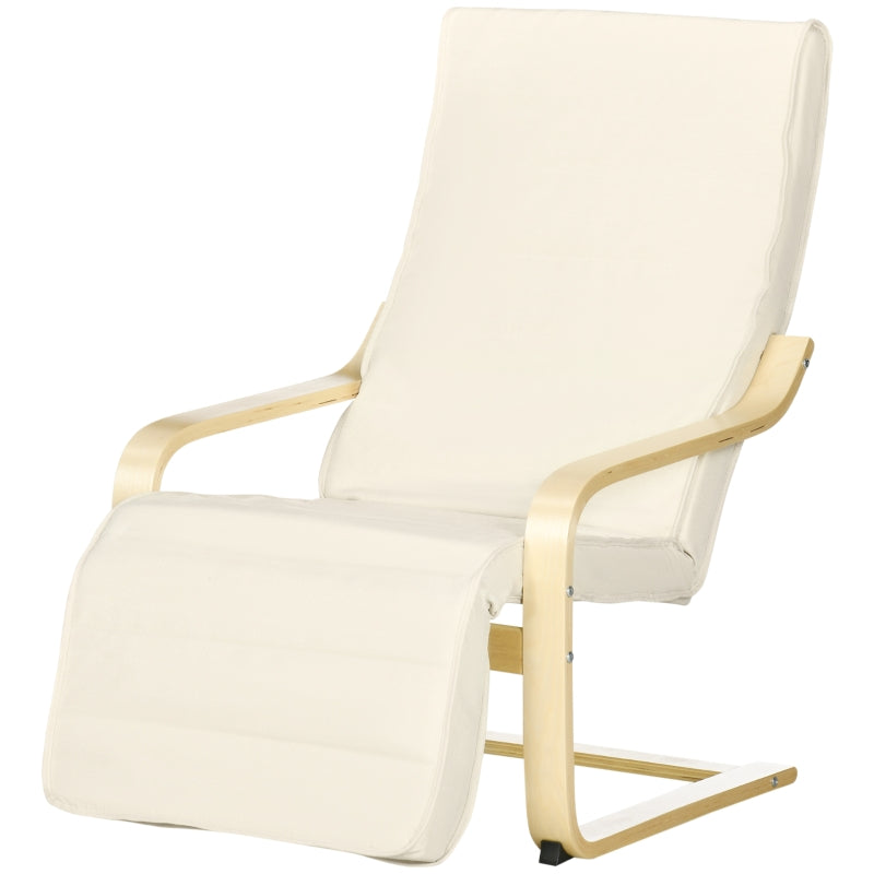 Wooden Deck Lounging Chair with Adjustable Footrest & Cushion, Cream White