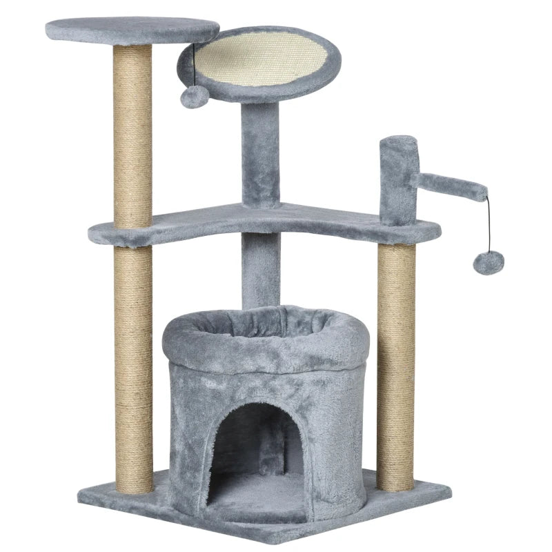 Grey Cat Tree Tower with Scratching Posts and Plush Perches